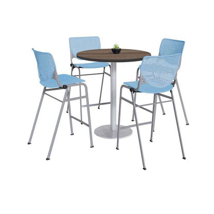 Pedestal Bistro Table With Four Sky Blue Kool Series Barstools, Round, 36" Dia X 41h, Studio Teak