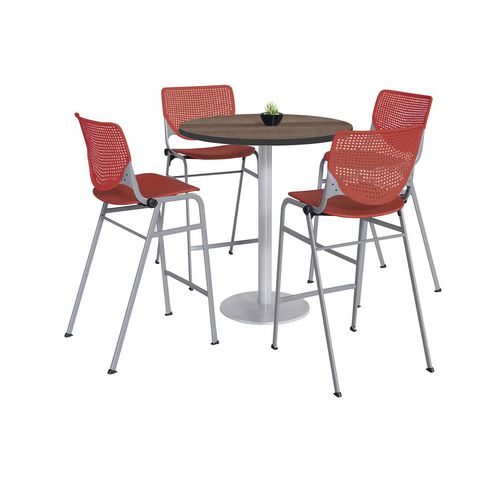 Pedestal Bistro Table With Four Coral Kool Series Barstools, Round, 36" Dia X 41h, Studio Teak