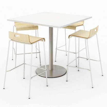 Pedestal Bistro Table With Four Natural Jive Series Barstools, Square, 36 X 36 X 41, Designer White