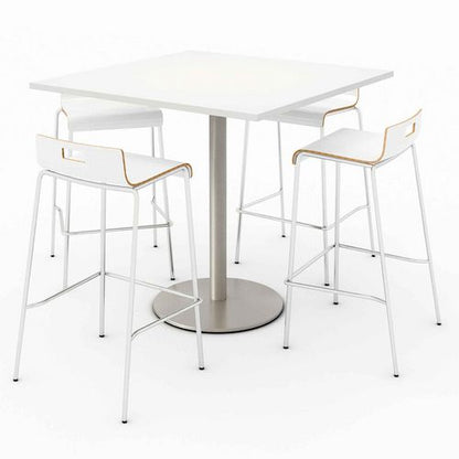 Pedestal Bistro Table With Four White Jive Series Barstools, Square, 36 X 36 X 41, Designer White