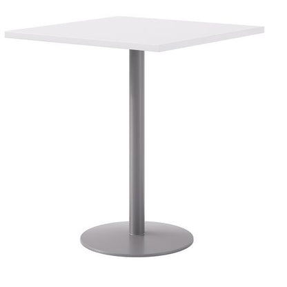 Pedestal Bistro Table With Four White Jive Series Barstools, Square, 36 X 36 X 41, Designer White