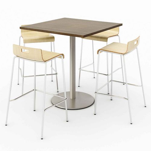 Pedestal Bistro Table With Four Natural Jive Series Barstools, Square, 36 X 36 X 41, Studio Teak