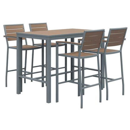 Eveleen Outdoor Bistro Patio Table With Four Mocha Powder-coated Polymer Barstools, 32 X 55, Mocha