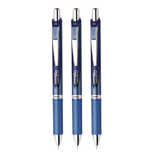 Energel Rtx Deluxe Gel Pen, Retractable, Fine 0.5 Mm, Blue Ink, Blue/silver Barrel, 3/pack