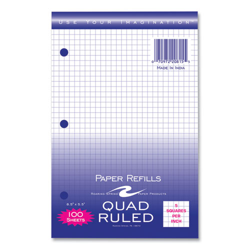 Graph Filler Paper, 3-hole, Quadrille: 5 Sq In, (100) 8.5 X 5.5 Sheets, 48/carton